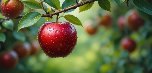 Obraz premium A Single Vibrant Red Apple Adorned with Sparkling Water Droplets, Hanging from a Branch in an Impressionistic Painting.