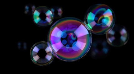 Colorful soap bubbles in motion against a black background