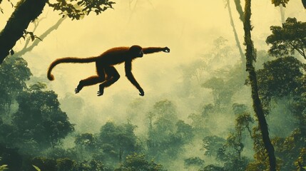 monkey leaping through lush rainforest canopy