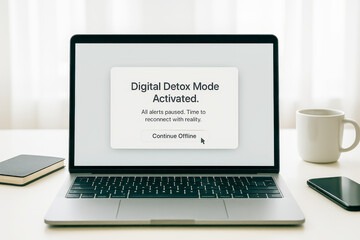 Fototapeta premium Laptop Screen Showing “Digital Detox Mode Activated” Message On Minimal Workspace. Concept For Screen Time Awareness, Mindful Tech Use, Wellness Productivity, Work-Life Balance, Modern Detox Visuals