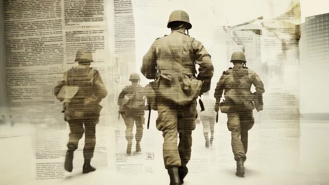 Foot soldiers move steadily through an urban environment overlaid with vintage newspaper textures, portraying a significant military operation set