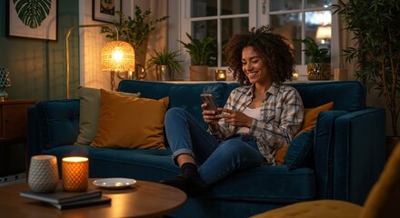 Obraz premium Woman smiling while using smartphone in a cozy living room 