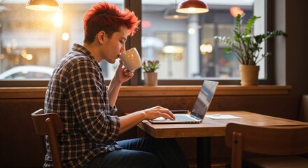 Fototapeta premium Young person enjoying coffee and working on laptop in cozy cafe 
