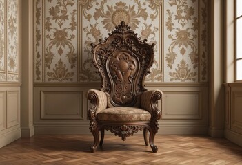  Victorian Elegance A Detailed 3D Rendering of an Elaborate Wooden Chair Within a Luxurious Victorian Parlor Setting