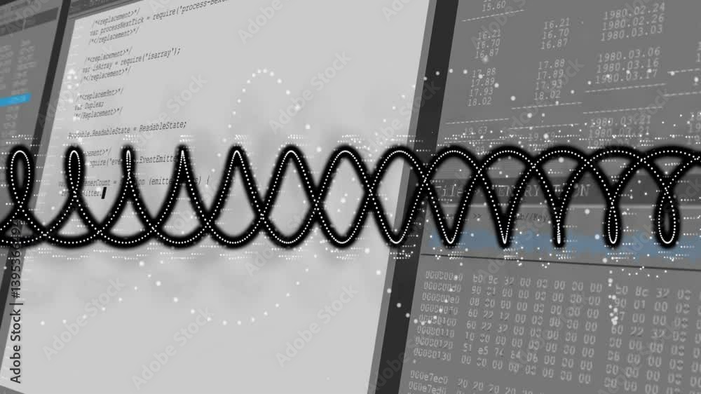 Poster oscillating waveform animation over computer code and data on screens