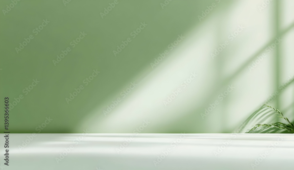 Poster a serene green wall with soft sunlight creating gentle shadows, ideal for a calming atmosphere in an
