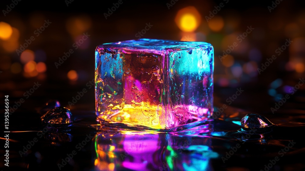 Poster Illuminated ice cube on reflective surface with bokeh lights.