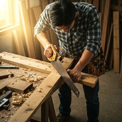 A carpenter uses a hand saw to cut wood in a sunlit workshop, with sawdust in the air and a focus on craftsmanship.
