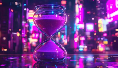 Hourglass in vibrant neon cityscape
