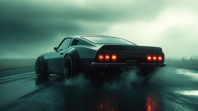 Dark, stylish muscle car on a wet road