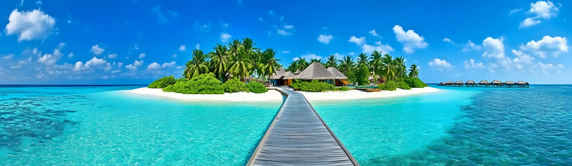 Obraz premium A serene private island with lush palm trees, white sand beach, and crystal-clear water, perfect for a tropical getaway.