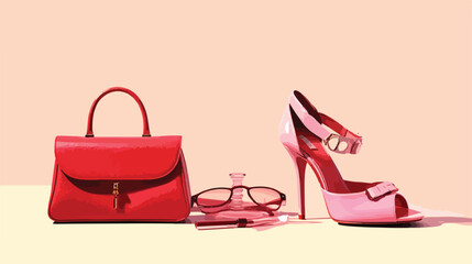 Fashion Accessories Composition of Red Suede Heels, Sunglasses, Perfume, and Bag on Pink Background for Stylish Women's Outfit