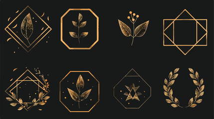 Elegant Set of Geometric Golden Frames and Leaf Elements Vector Illustration