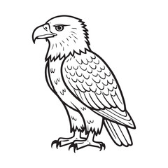 A delightful line drawing of a cute eagle standing majestically. The bold black lines and thick outlines create a simple but appealing design, perfect for children to color in.