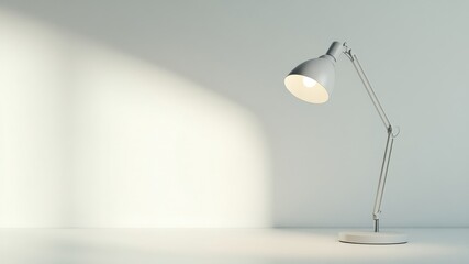 A clean, bright image features a white desk lamp on a white surface.