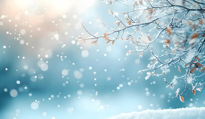 A serene winter scene with softly falling snowflakes and delicate branches, creating a tranquil and magical atmosphere.