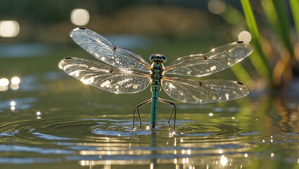 Naklejka premium Damselfly Standing On Water Surface With Beautiful Wing Details And Bokeh Background
