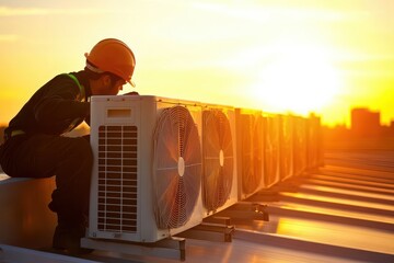 Technician Working on Air Conditioning Unit at Sunset Glow