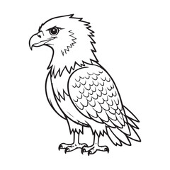 A delightful line drawing of a cute eagle standing majestically. The bold black lines and thick outlines create a simple but appealing design, perfect for children to color in.