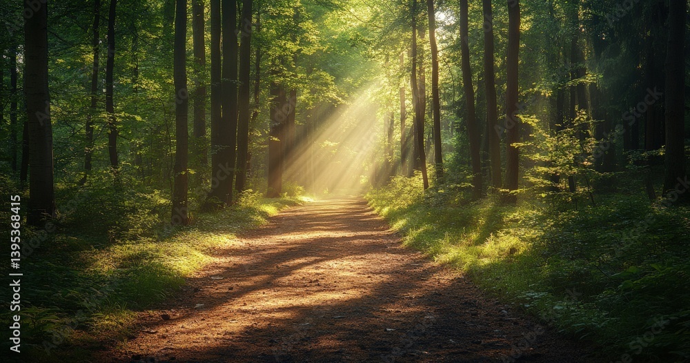 Poster Sunlight filtering through trees illuminating forest path