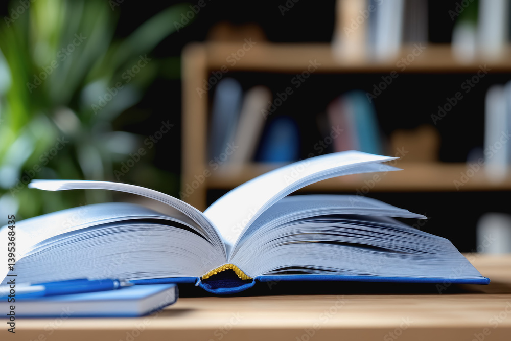 Poster a simple book resting on a wooden table with a cozy atmosphere for studying and learning