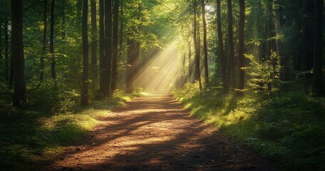 Obraz premium Sunlight filtering through trees illuminating forest path