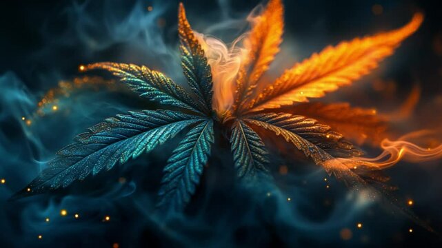 Vibrant weed leaf in smoke. A vibrant cannabis leaf displays blue and orange hues, enveloped in swirling smoke against a dark background.