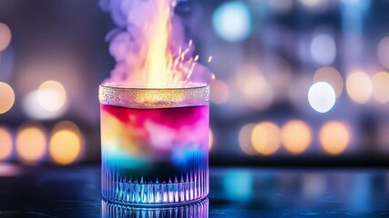 A brightly colored cocktail bursts into flames at night in a vibrant bar, showcasing creativity of drink creation