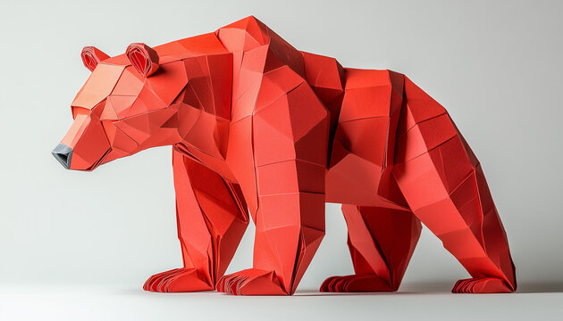 charging origami bear made from bright red paper on white backdrop - stock market ideom