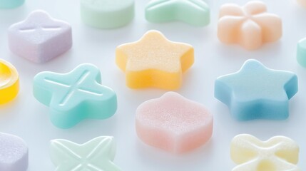 Fototapeta premium Group of small, colorful candies arranged in a scattered manner on a white background. the candies are in various shapes and sizes, including stars, squares, rectangles, and rectangles.