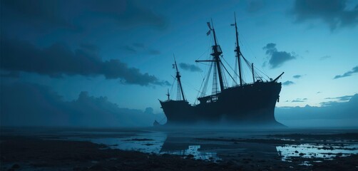  Forgotten Legacy A Spectral Ship on a Murky Shore, Lost to Time and Memory