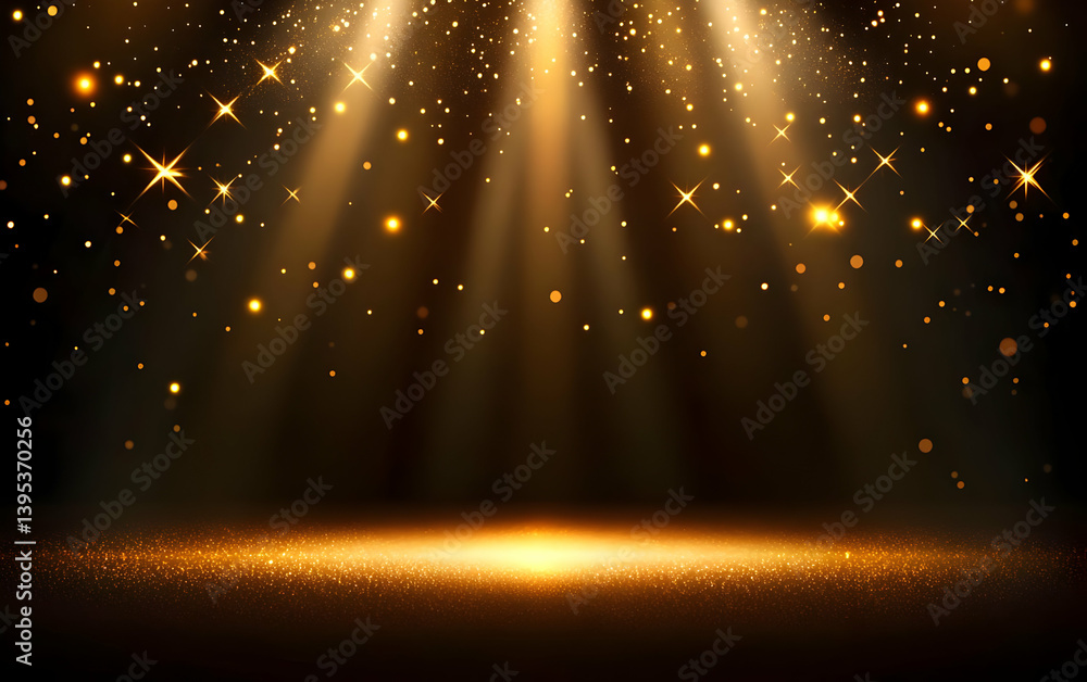 Poster a stunning background featuring golden light rays and sparkling particles creating a magical atmosph
