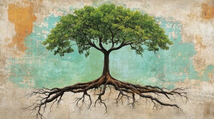 Wellness Mindset Flow mindful living Lush tree with detailed roots and vibrant leaves. conscious lifestyle imagery