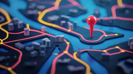 A red pin sticking into a map with highlighted routes in bold colors.