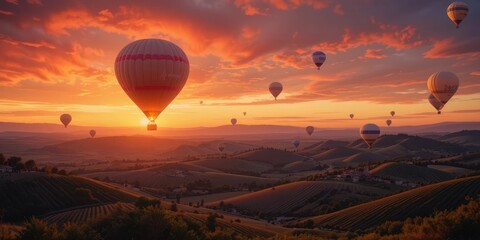 Obraz premium Italian Dreamscape Balloons Bathed in Crimson Light Above Rolling Hills of Vineyards at Sunset.