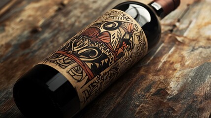 intricate wine bottle label design on wooden background