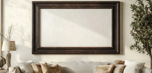 A large, square frame in a dark oak finish, anchored on a pale cream wall, providing a classic, warm touch.