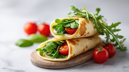 Fresh wraps filled with greens and tomatoes, served on a wooden board, highlighting a delicious and healthy meal option.