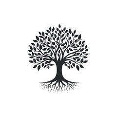 A stylized black tree silhouette with intricate leaves and roots, symbolizing growth and nature's beauty.