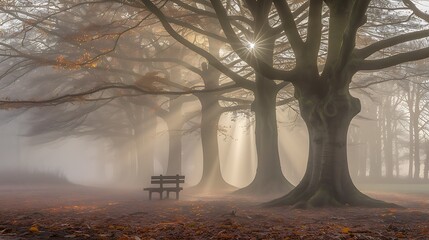 Sunbeams piercing a misty autumnal park with a solitary wooden bench.