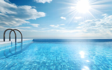 Obraz premium A tranquil pool scene under a bright sun with clear blue skies, perfect for relaxation and leisure.