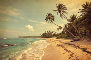 Pictures of beaches with a retro atmosphere. Vacation. Memories. Film. Sandy beach and blue sea. Resort.