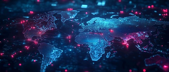 Digital world map with global network connections, data transfer, and connectivity concept. Technology digital future. Background of blue gradient for graphic design, website banner, or presentation