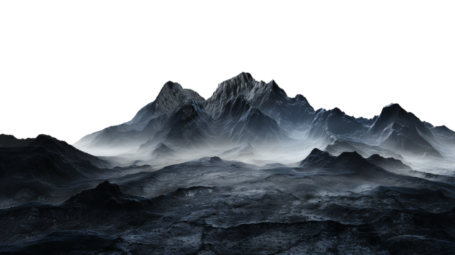 Dark mountains with a foggy valley isolated on white