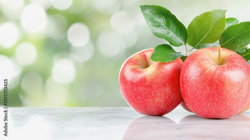 Poster two fresh red apples with a single leaf on top displayed elegantly on a simple white background high