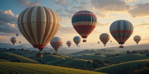 Naklejka premium Old Time Balloons Vintage Hot Air Balloons Float over a Rolling Green Landscape.