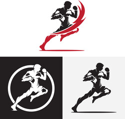 Rugby player running with ball vector silhouette. Rugby player logo vector illustration icon.kick boxing logo vector icon. kick boxer attack sport logo icon vector.