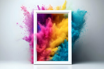 A vibrant explosion of color powder bursts from a white frame, creating a dynamic visual spectacle perfect for artistic projects.