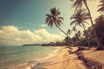 Pictures of beaches with a retro atmosphere. Vacation. Memories. Film. Sandy beach and blue sea. Resort.