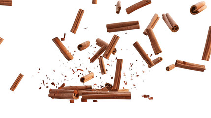 Falling cinnamon sticks isolated on white